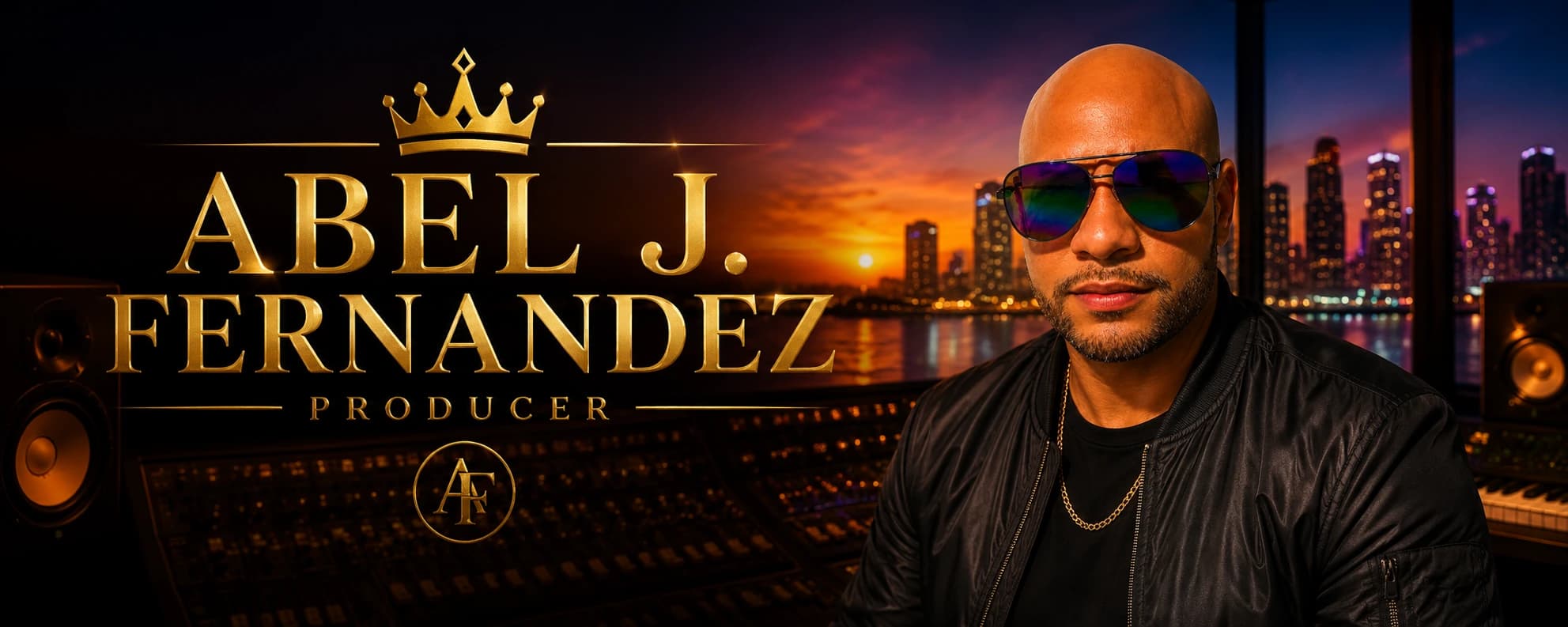 Abel J. Fernandez in a recording studio with the Miami skyline